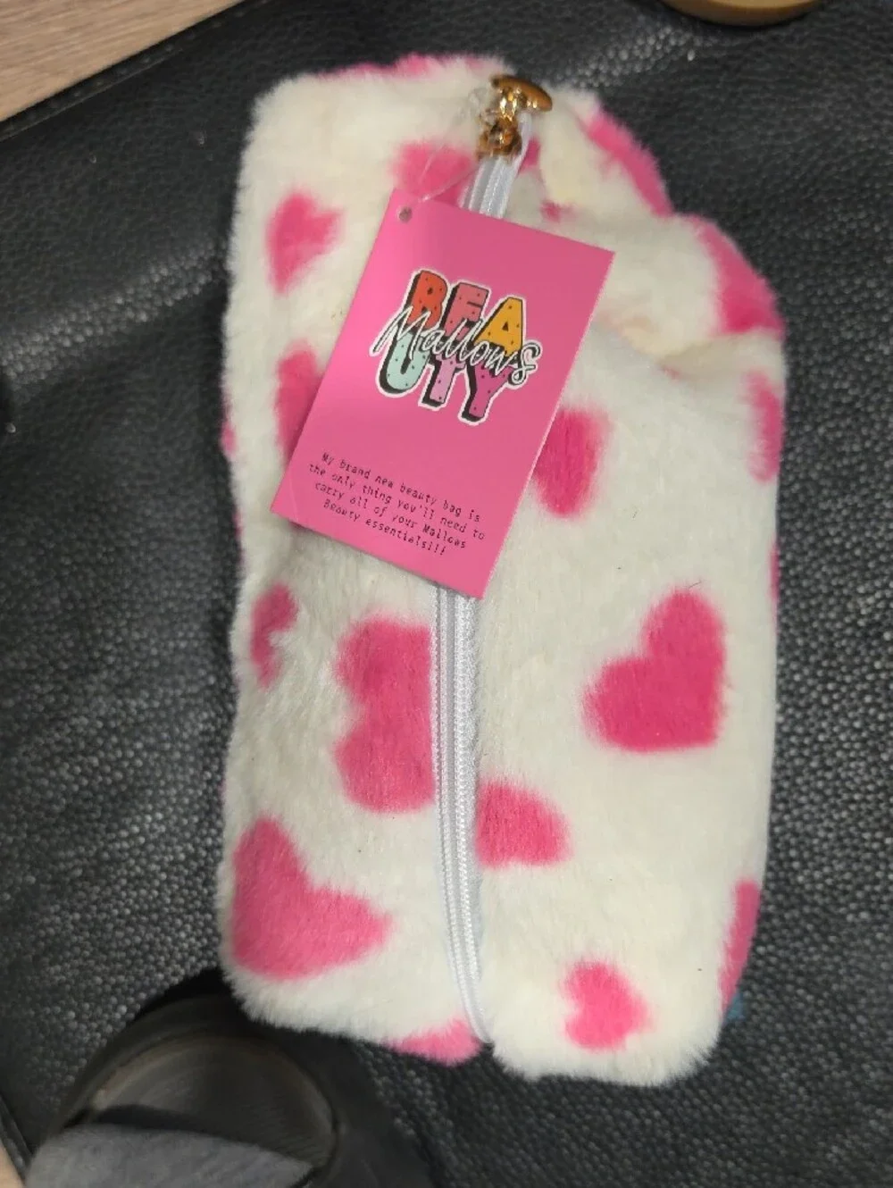 fluff White Plush Zipper Pouch with Pink Hearts